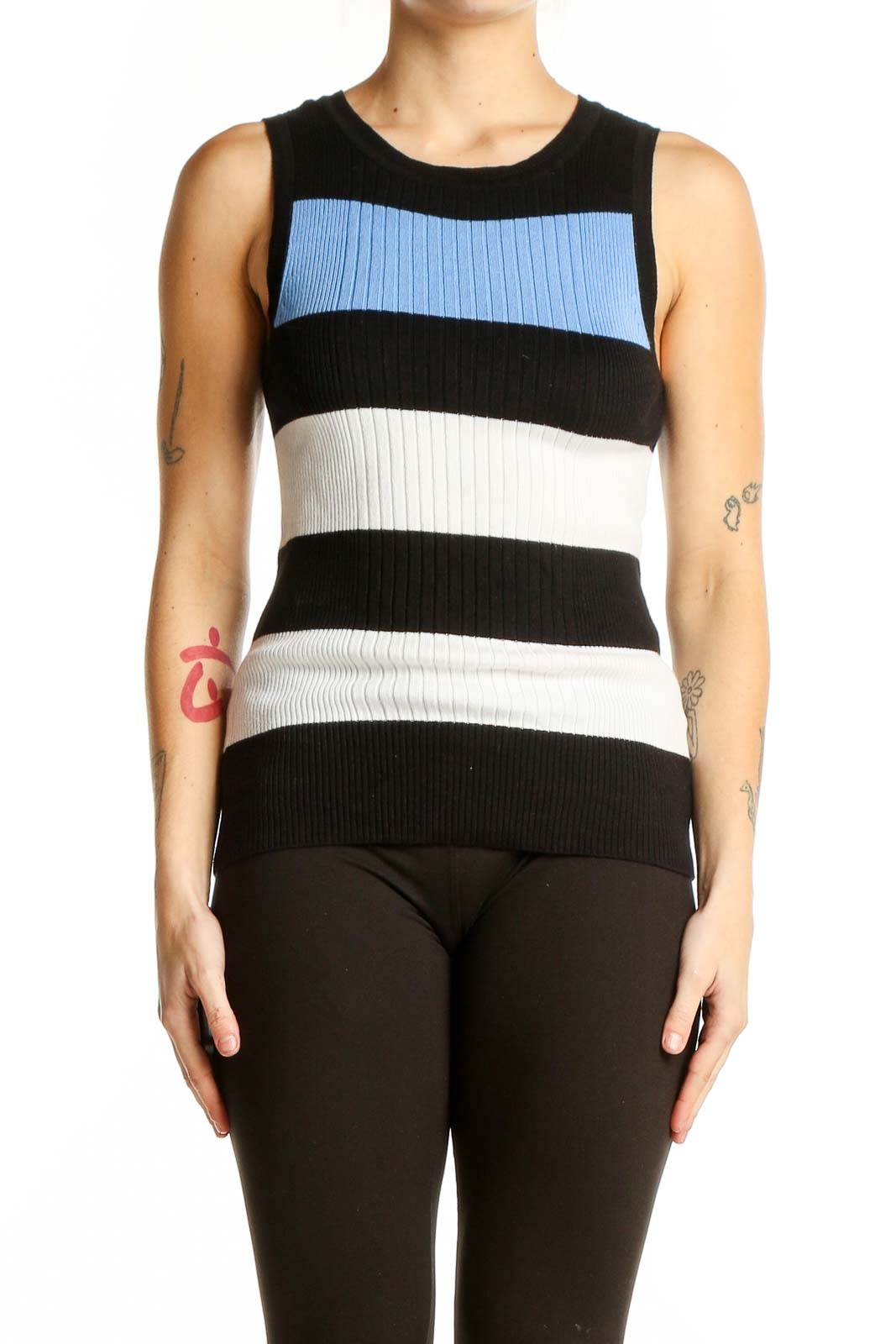 Front view of Express Black and White Striped Sleeveless Top with blue accent