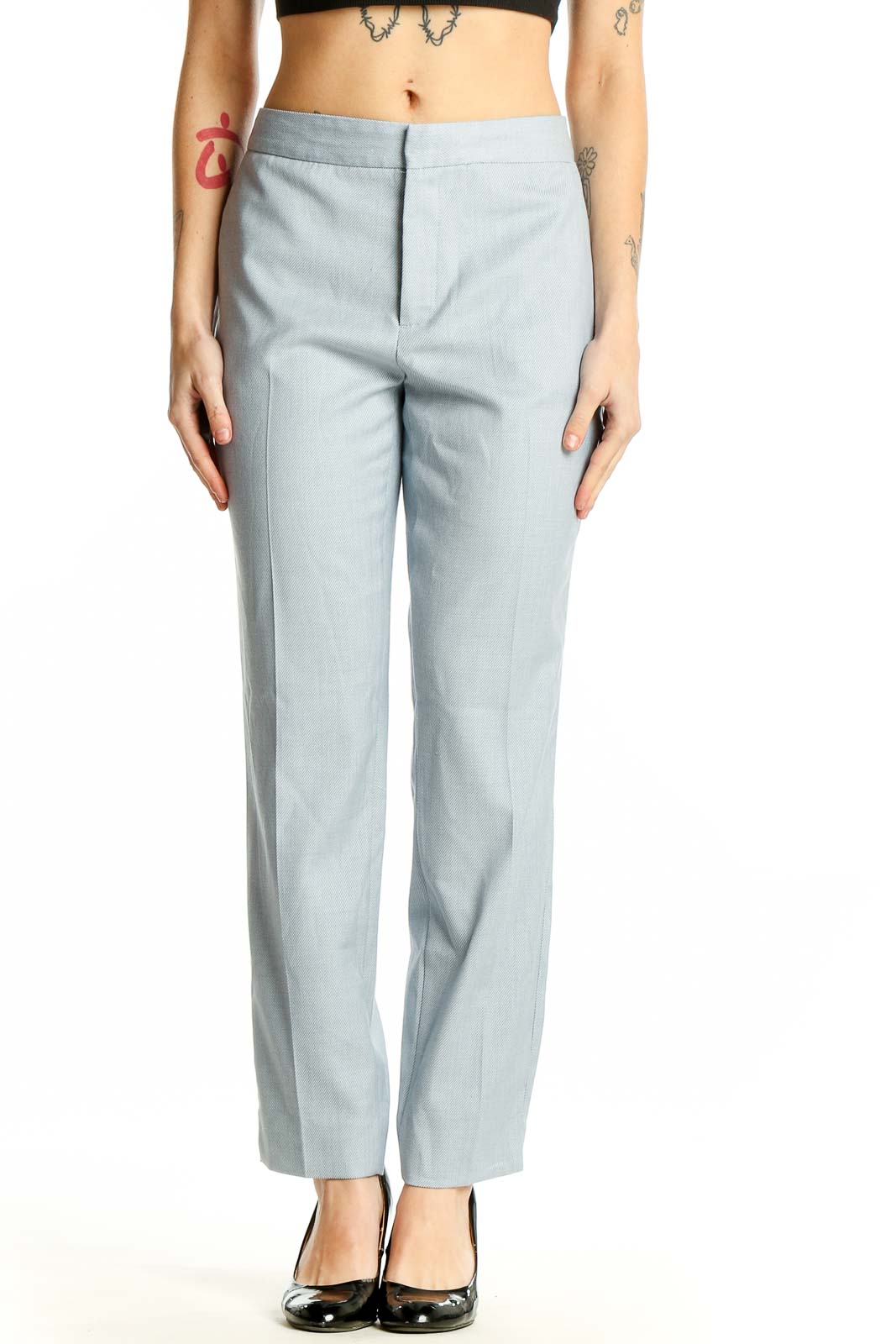 Front view of Zara light blue straight-leg trousers on model