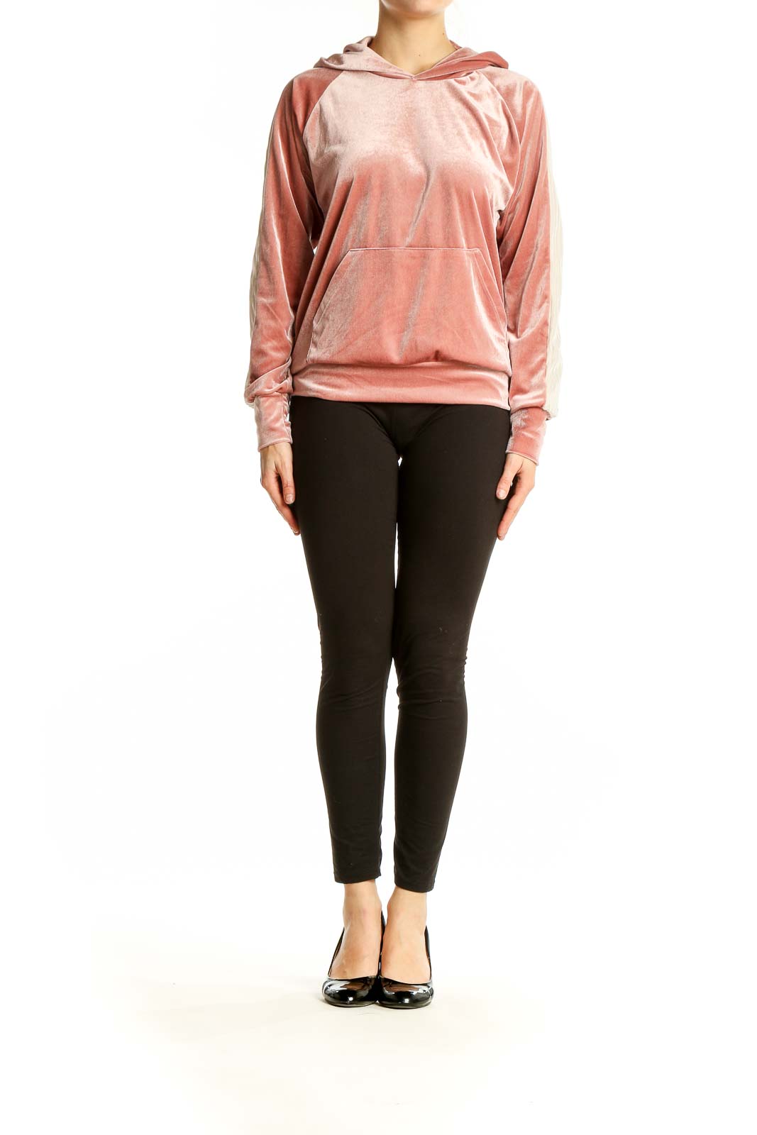 Front view of LIANA pink velvet hooded pullover with kangaroo pocket