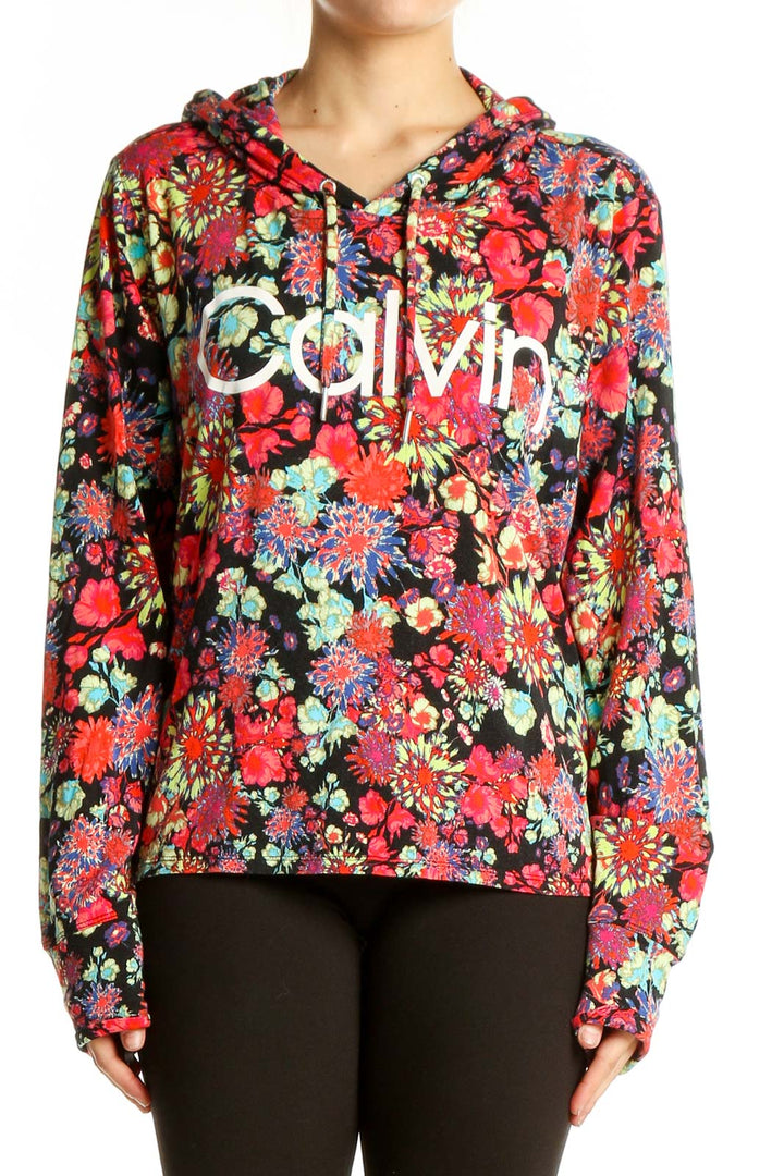 Front view of Calvin Klein Performance multicolor floral print activewear hoodie