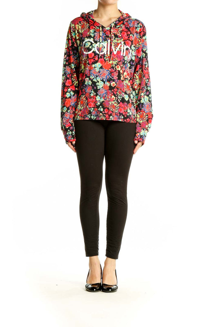 Front view of Calvin Klein Performance multicolor floral print activewear hoodie