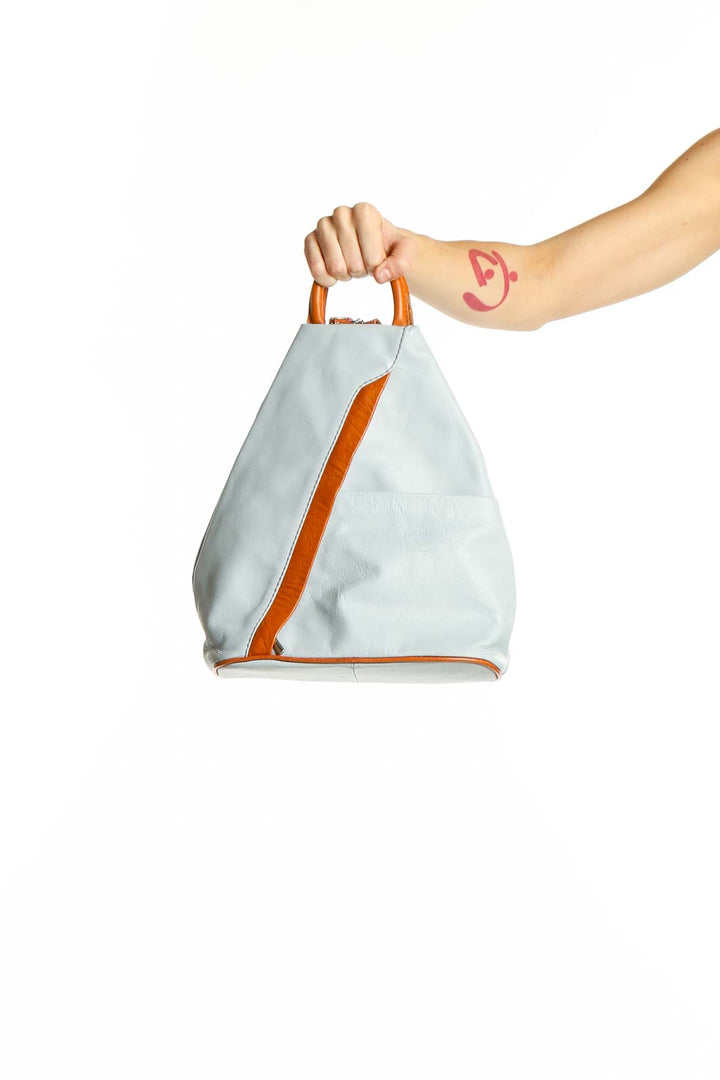 Front view of ZAGARA white and orange backpack with asymmetrical zipper