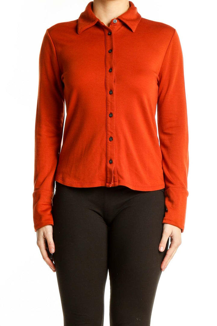 Front view of red Banana Republic button-down long sleeve top