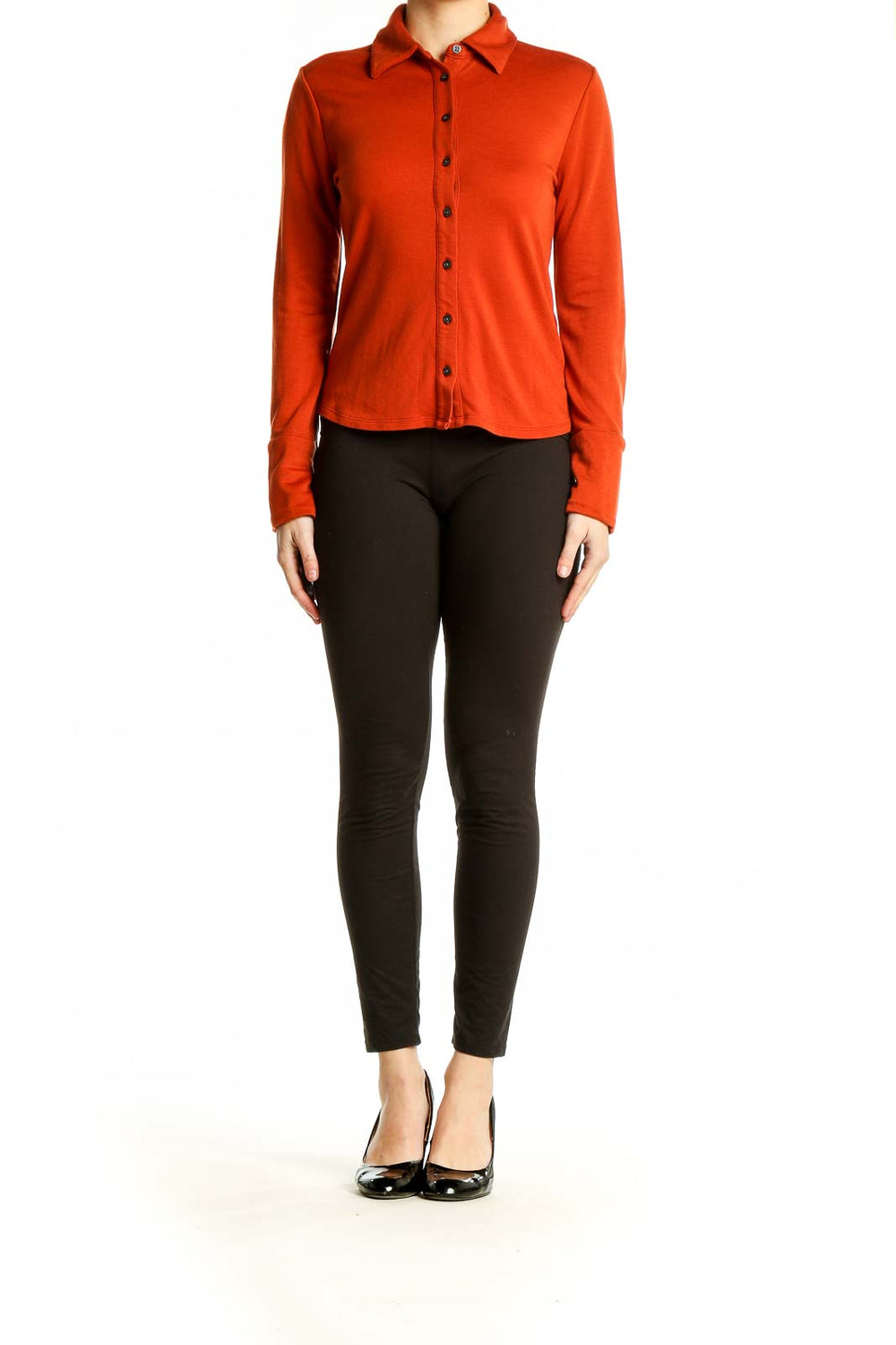 Front view of red Banana Republic button-down long sleeve top