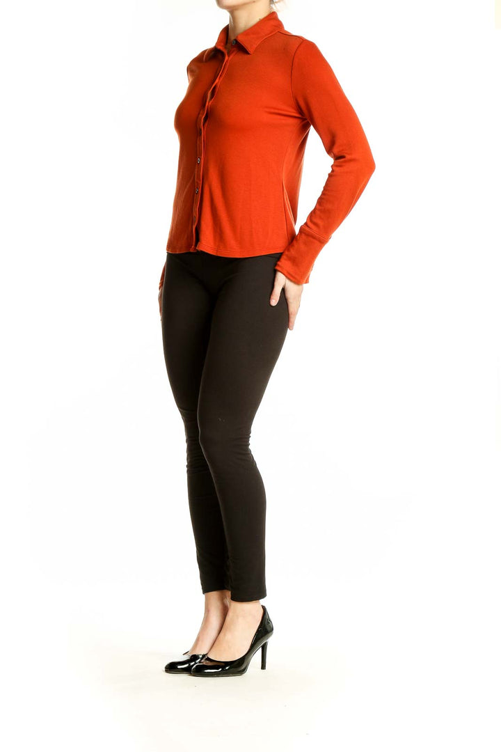 Front view of red Banana Republic button-down long sleeve top