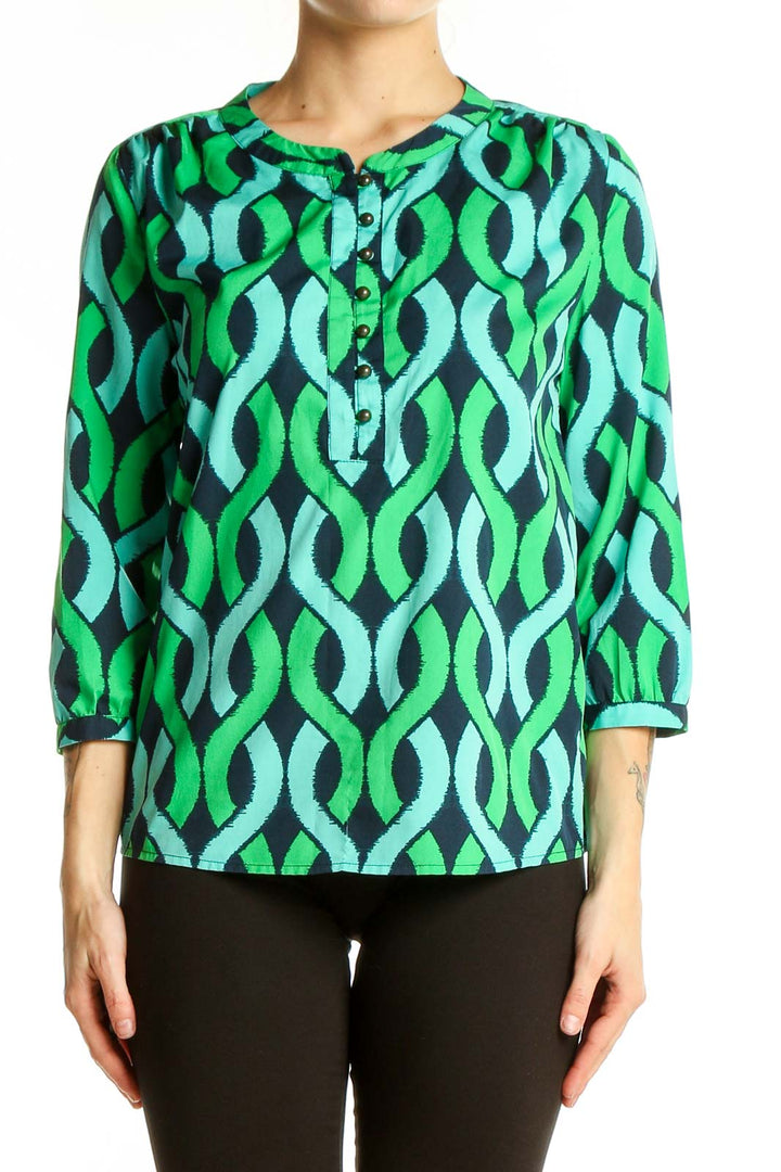 Front view of Banana Republic green geometric print blouse