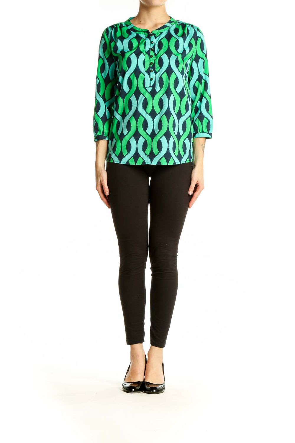 Front view of Banana Republic green geometric print blouse