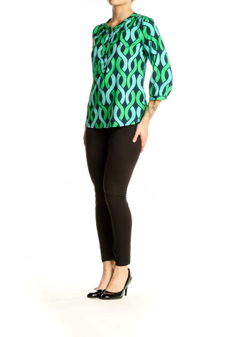 Front view of Banana Republic green geometric print blouse