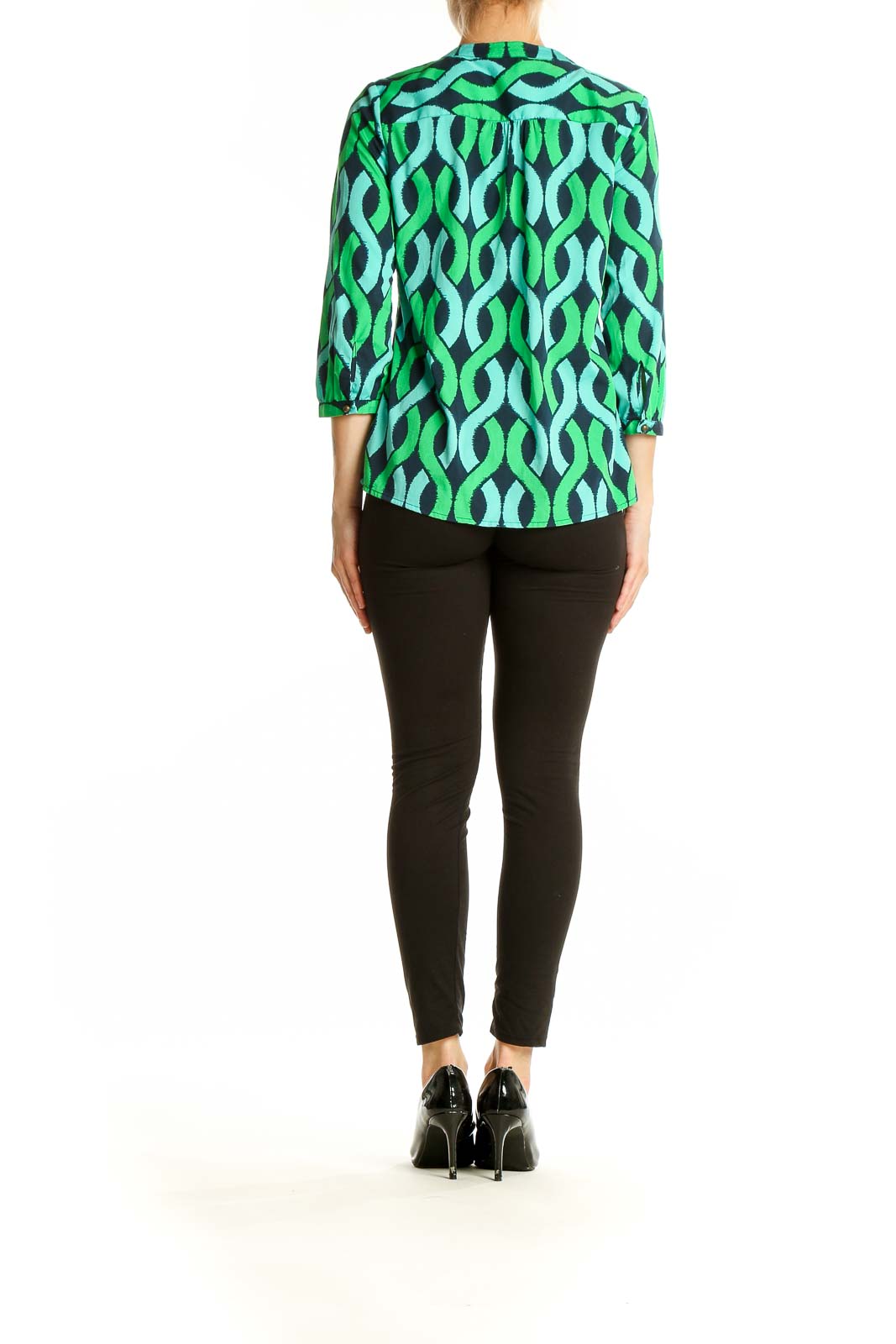 Back view of Banana Republic green geometric print blouse with black pants