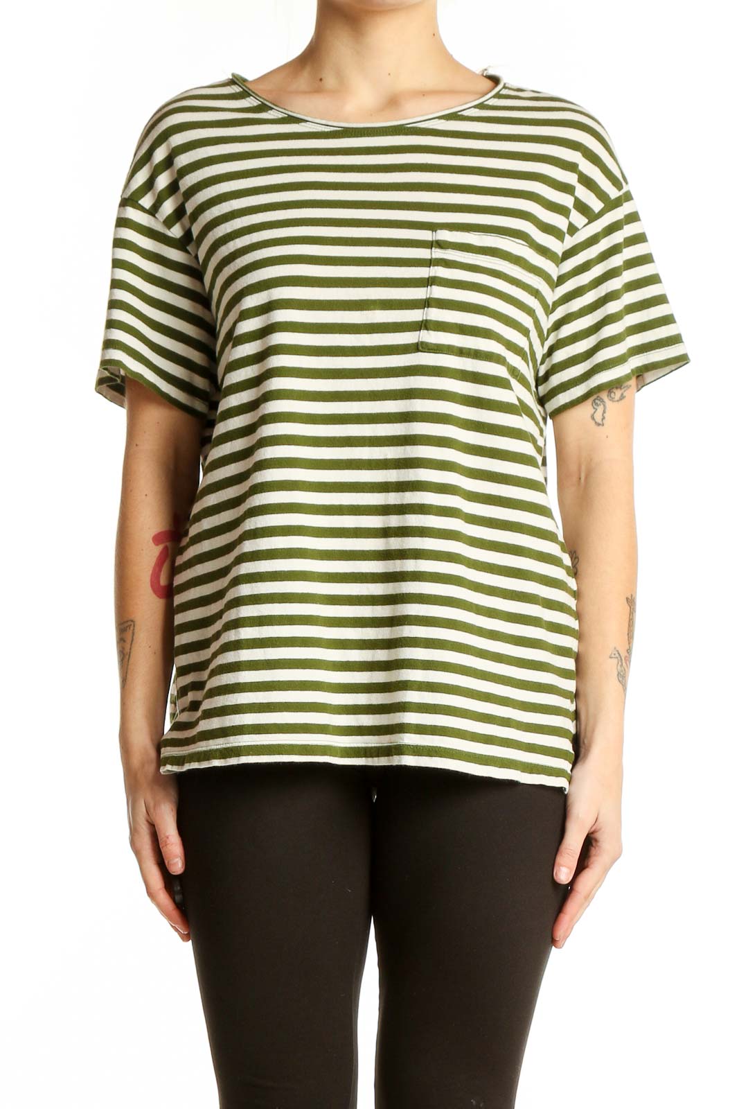 Front view of Madewell olive green and white striped cotton t-shirt