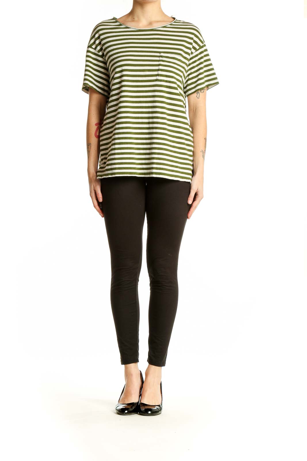 Front view of Madewell olive green and white striped cotton t-shirt