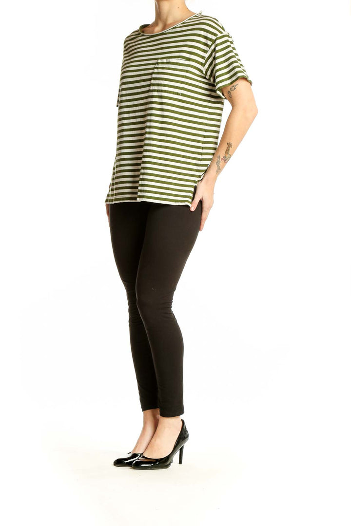 Front view of Madewell olive green and white striped cotton t-shirt