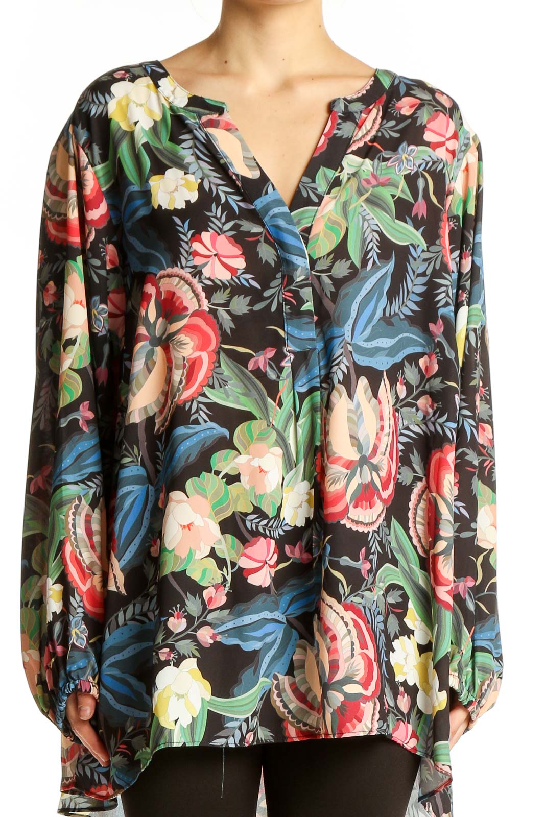 Front view of Tahari Black Floral Print Tunic Blouse with V-neckline and long sleeves