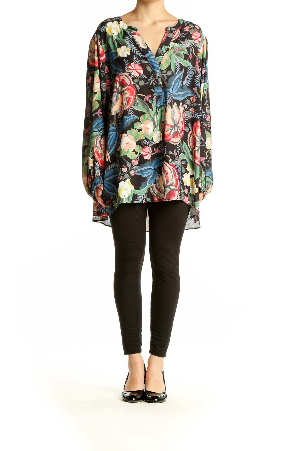 Front view of Tahari Black Floral Print Tunic Blouse with V-neckline and long sleeves