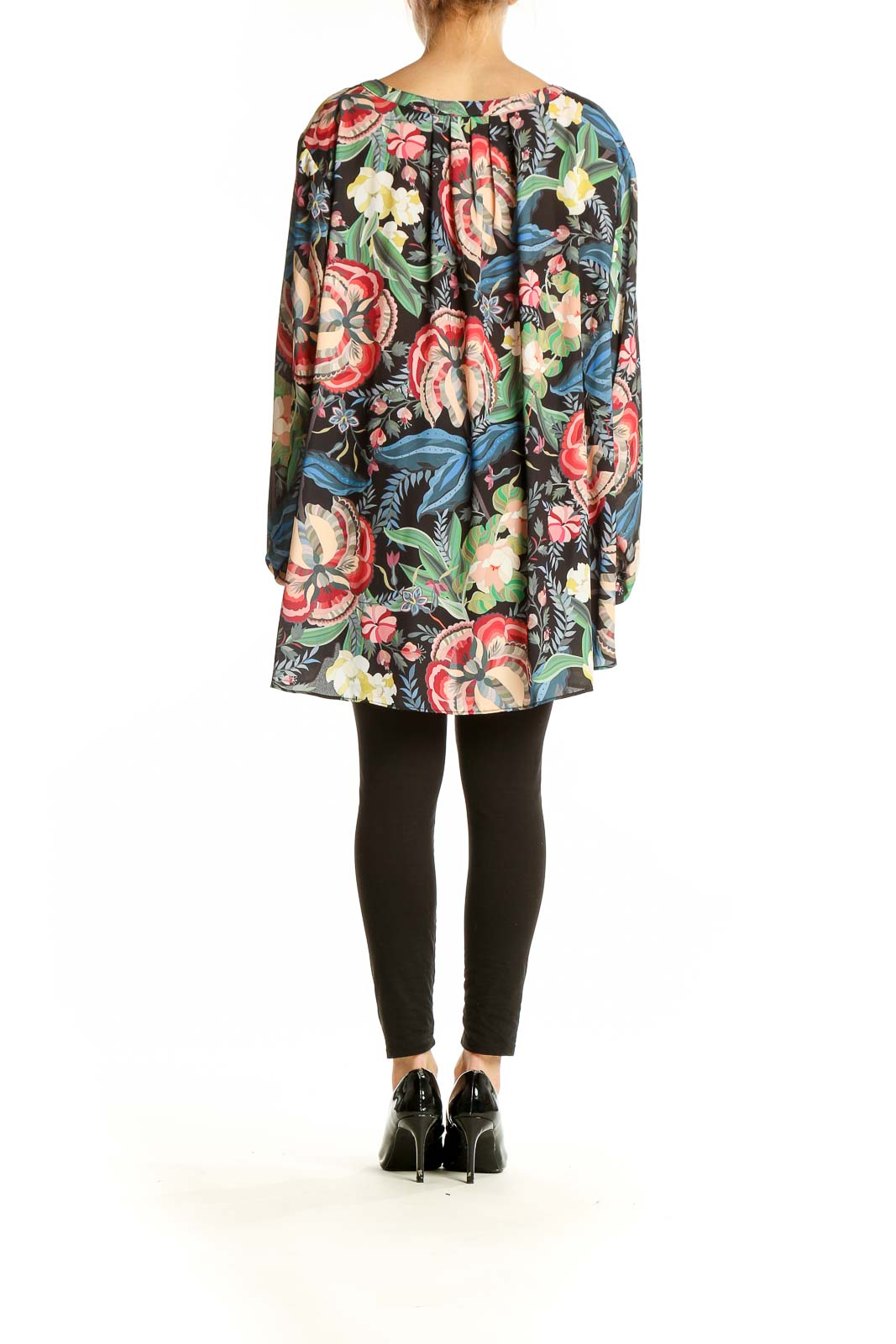 Back view of Tahari Black Floral Print Tunic Blouse showing high-low hemline