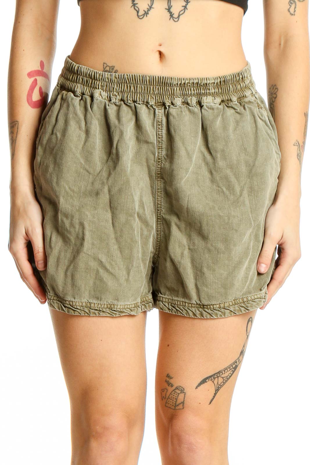 Front view of olive Treasure & Bond Tencel Lyocell shorts with elastic waistband