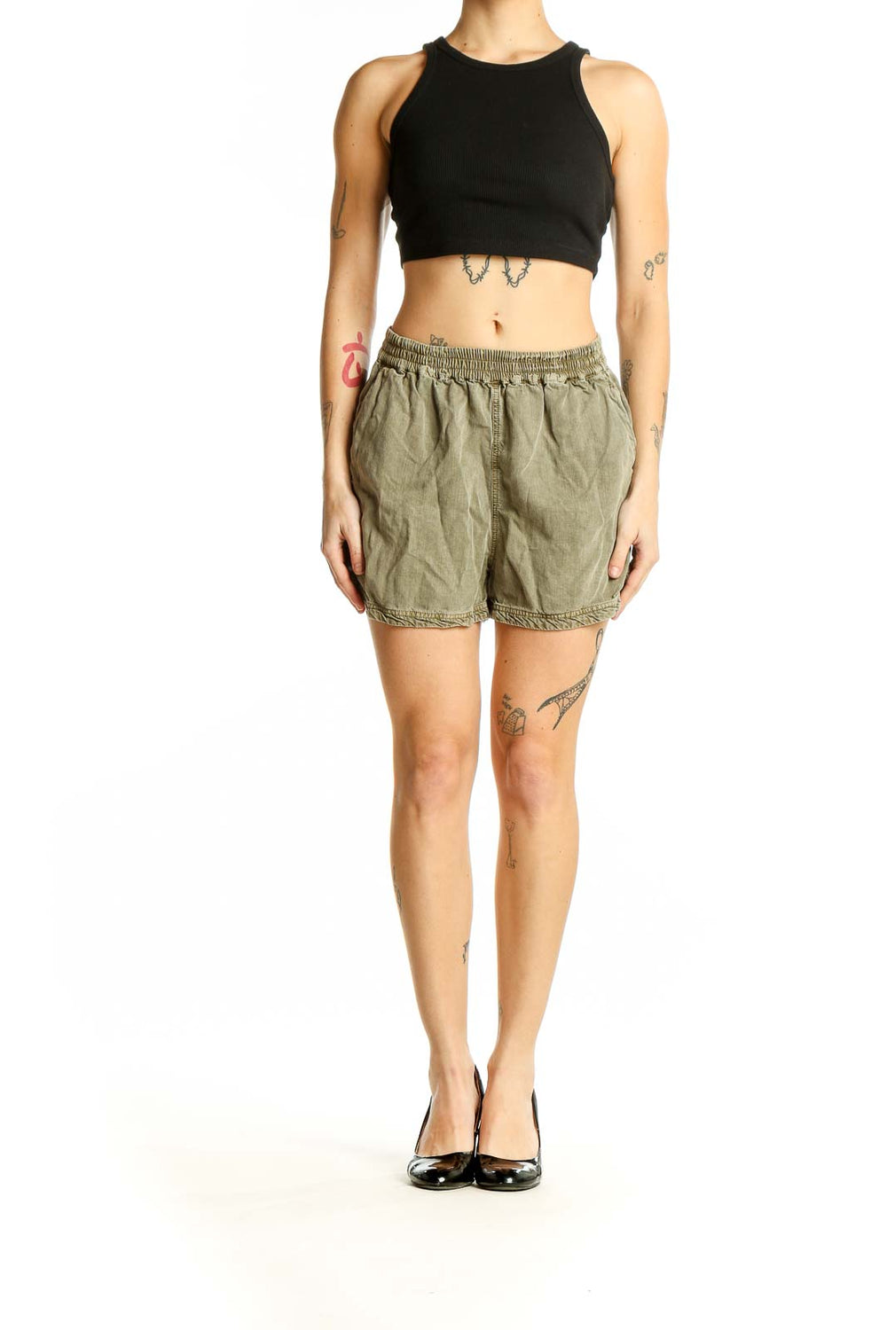 Front view of olive Treasure & Bond Tencel Lyocell shorts with elastic waistband