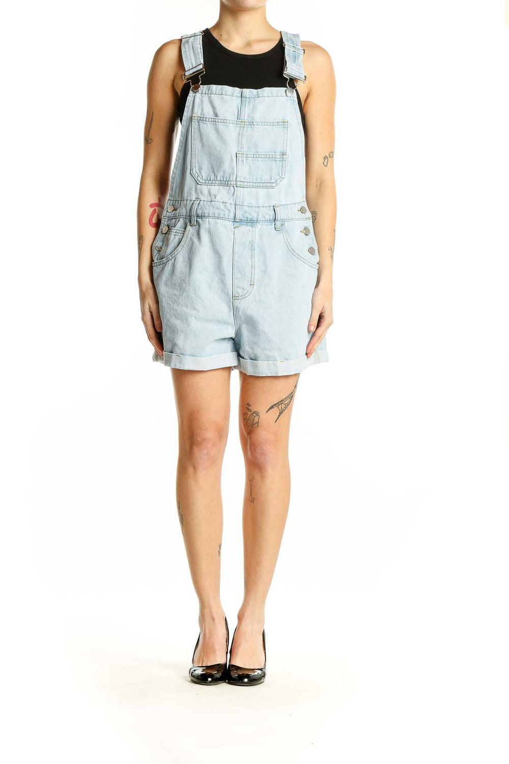 Front view of SilkRoll light blue denim short overalls with bib front pocket