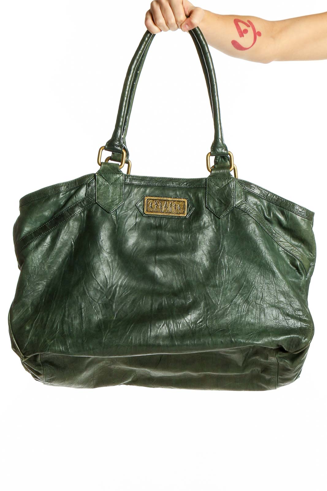 Front view of Junior Drake Love,d green leather tote bag