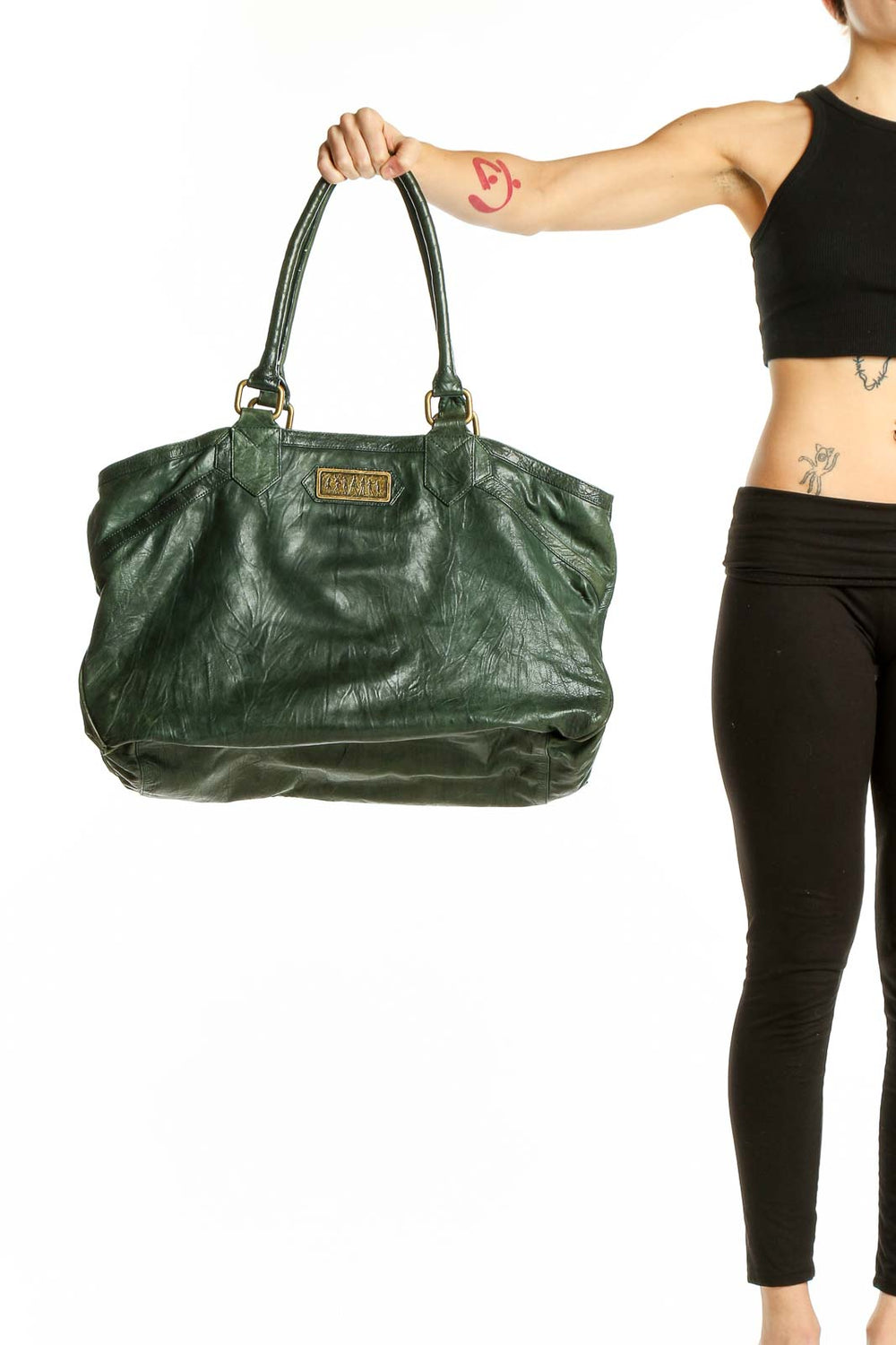 Front view of Junior Drake Love,d green leather tote bag