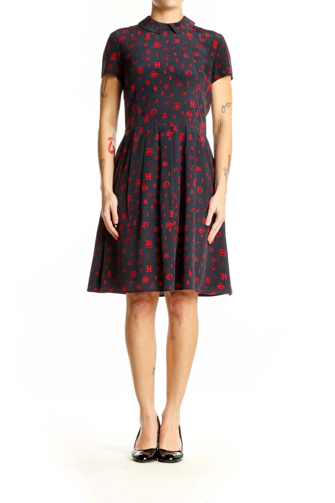 Front view of Brooks Brothers navy dress with red print and short sleeves