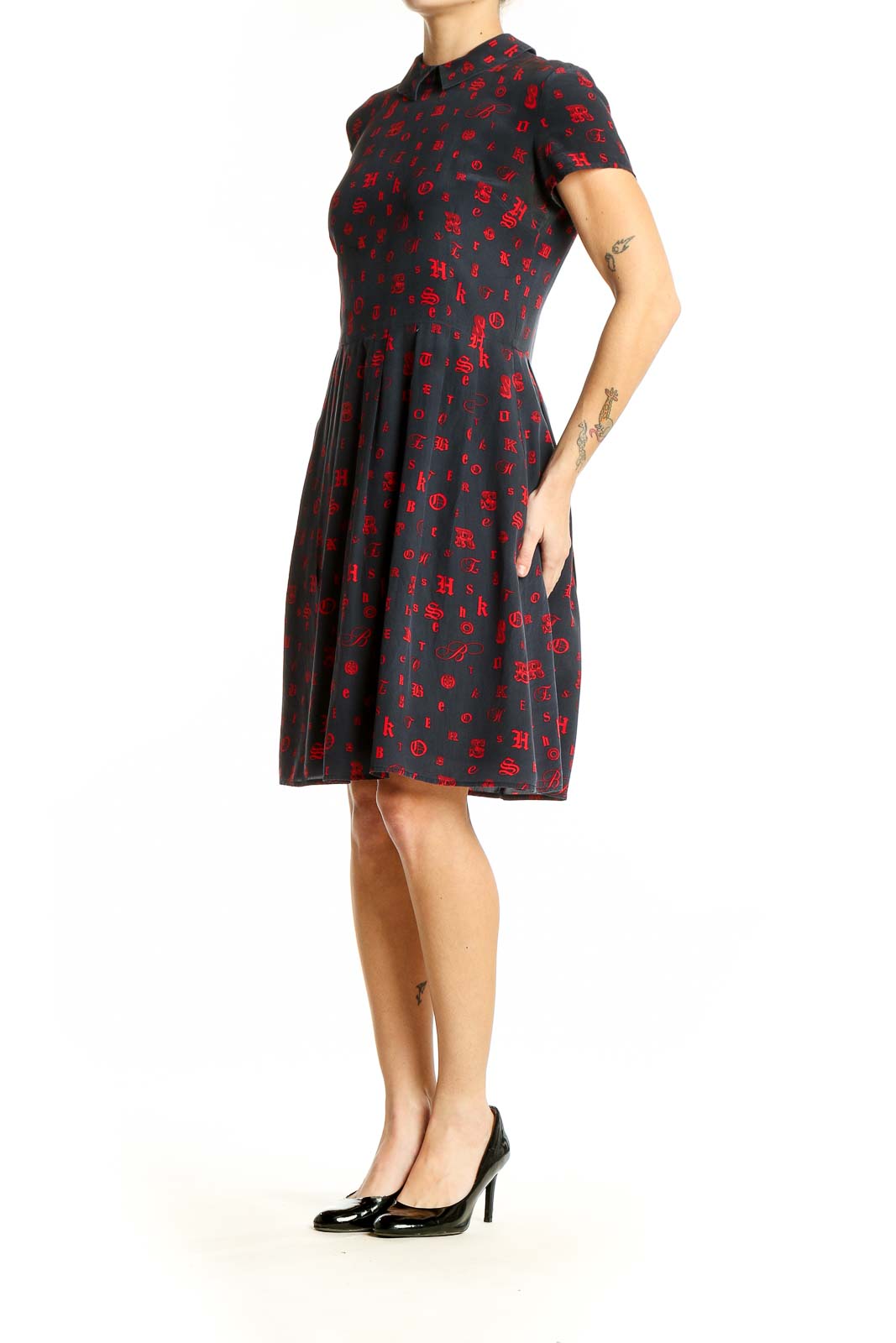 Front view of Brooks Brothers navy dress with red print and short sleeves