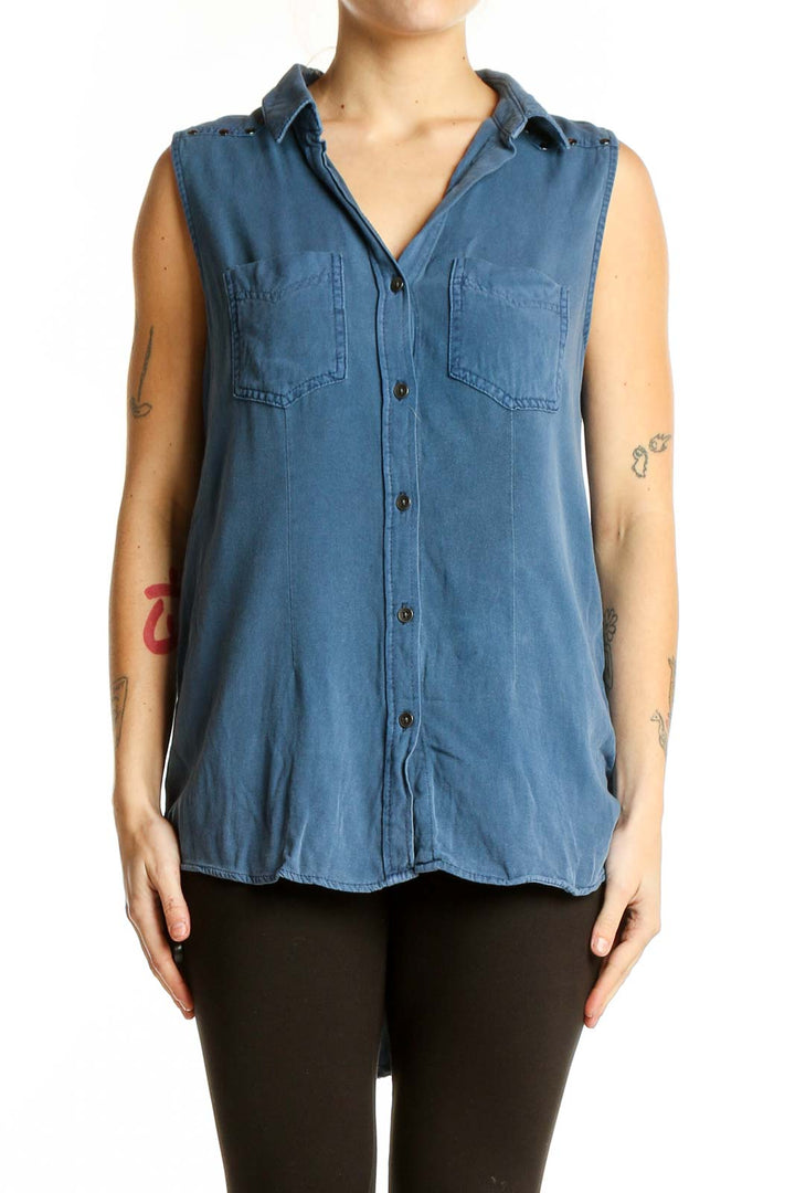 Front view of Rock & Republic blue sleeveless button-down shirt