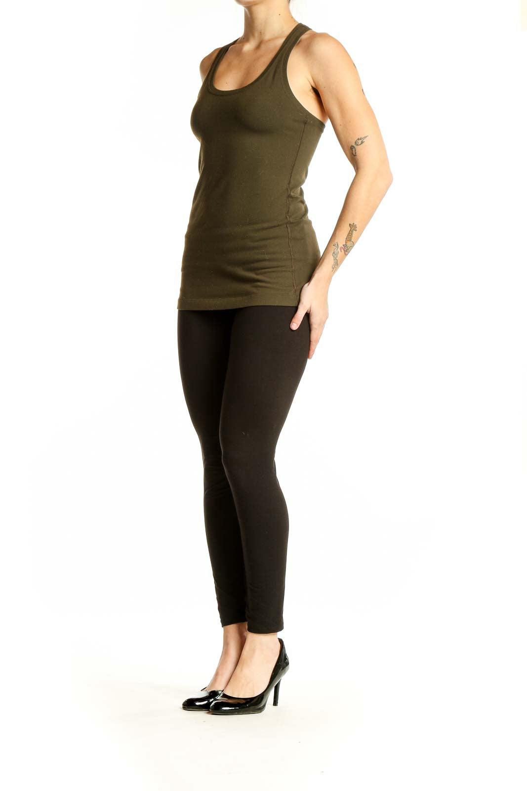 Front view of olive green Lululemon racerback tank top