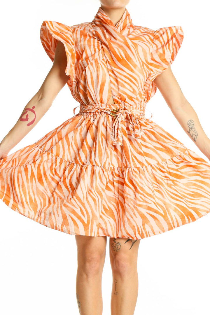 Front view of Derek Lam orange zebra print mini dress with ruffle sleeves