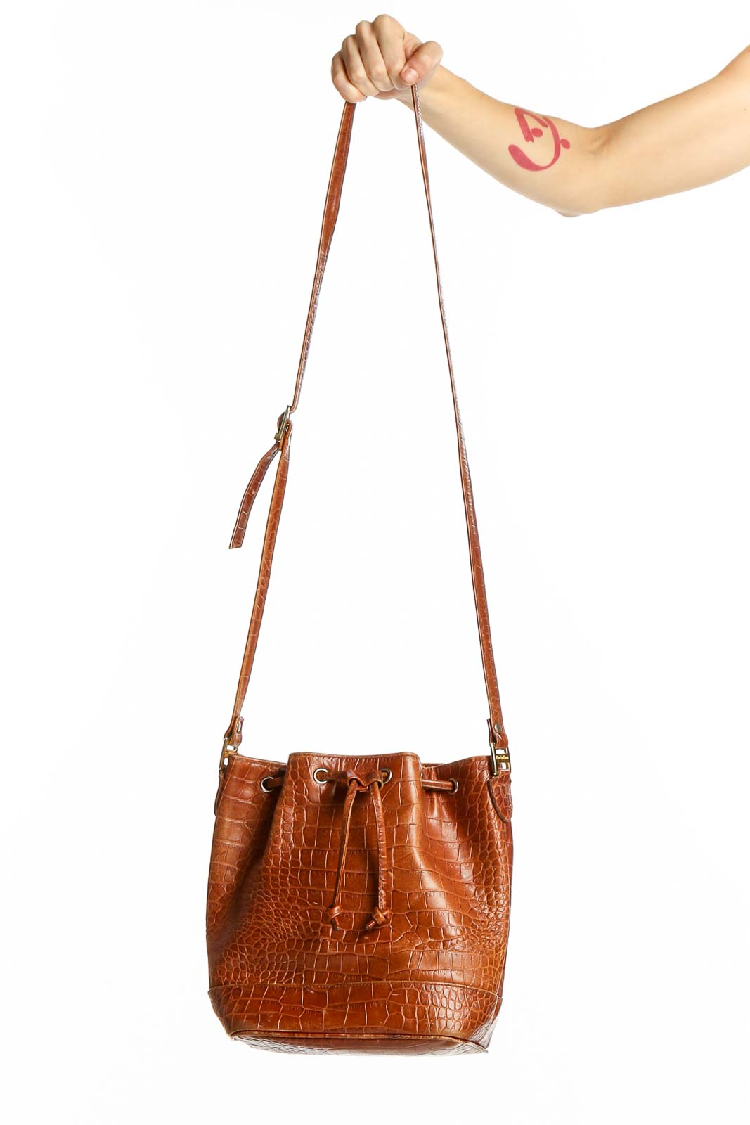 Front view of Portofino brown croc-embossed leather bucket bag