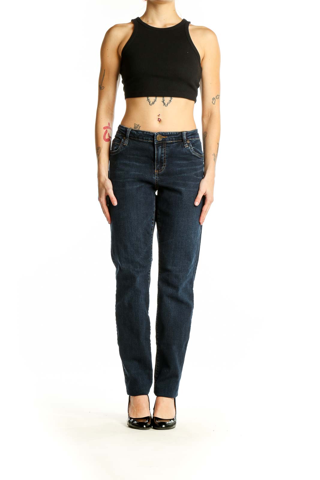 Front view of KUT from the Kloth dark blue straight leg jeans on model