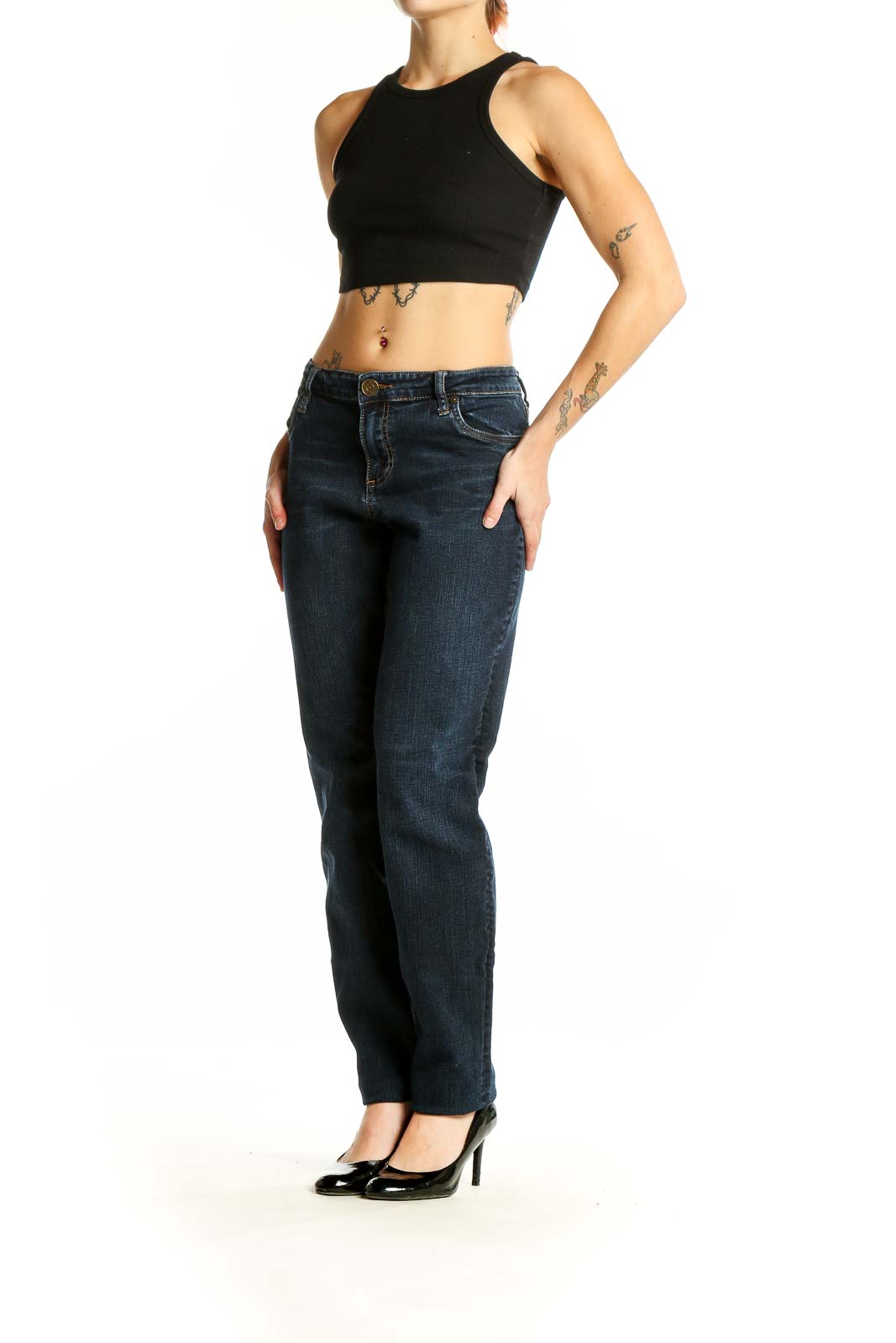 Front view of KUT from the Kloth dark blue straight leg jeans on model