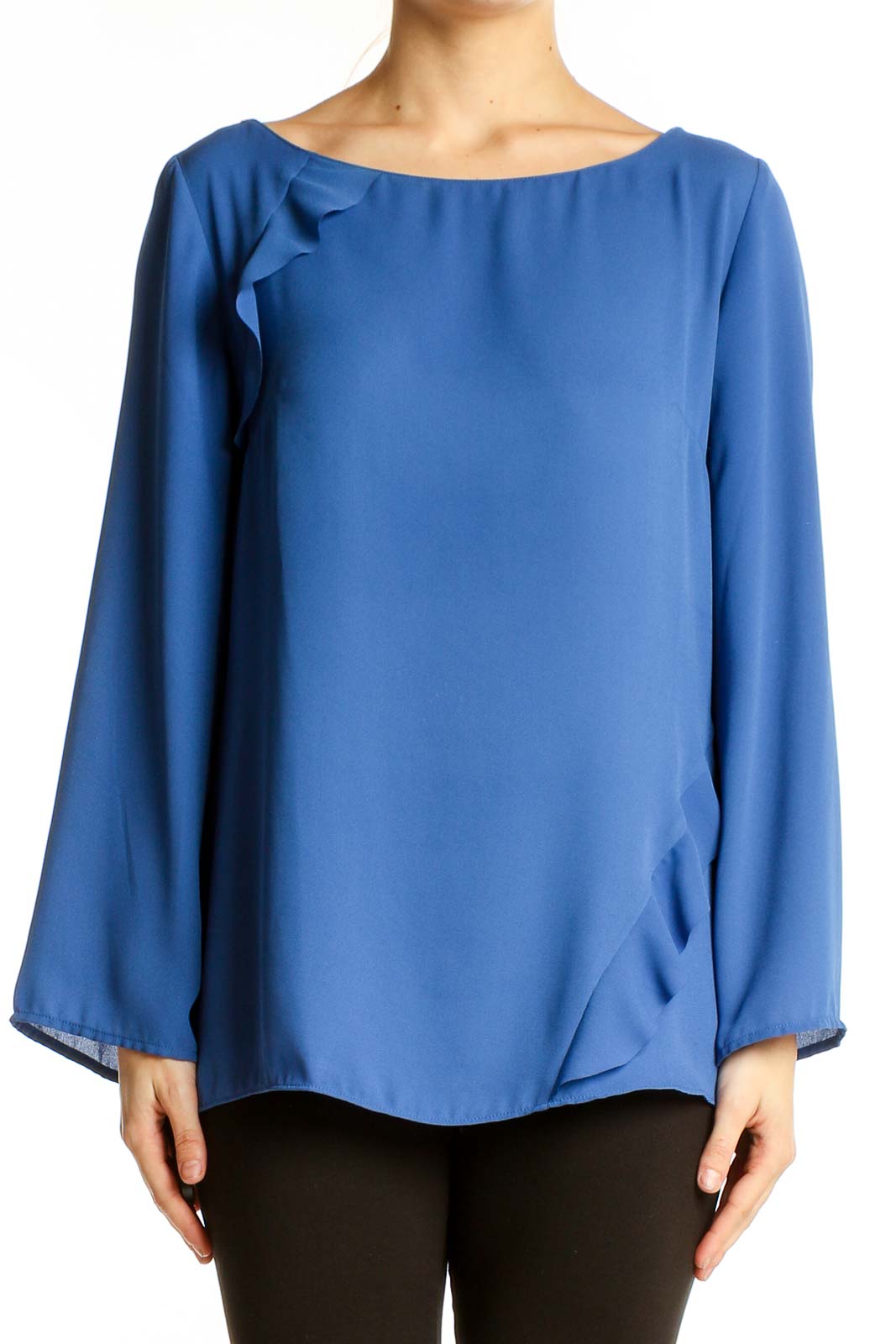 Front view of blue flowy Banana Republic blouse with ruffle details