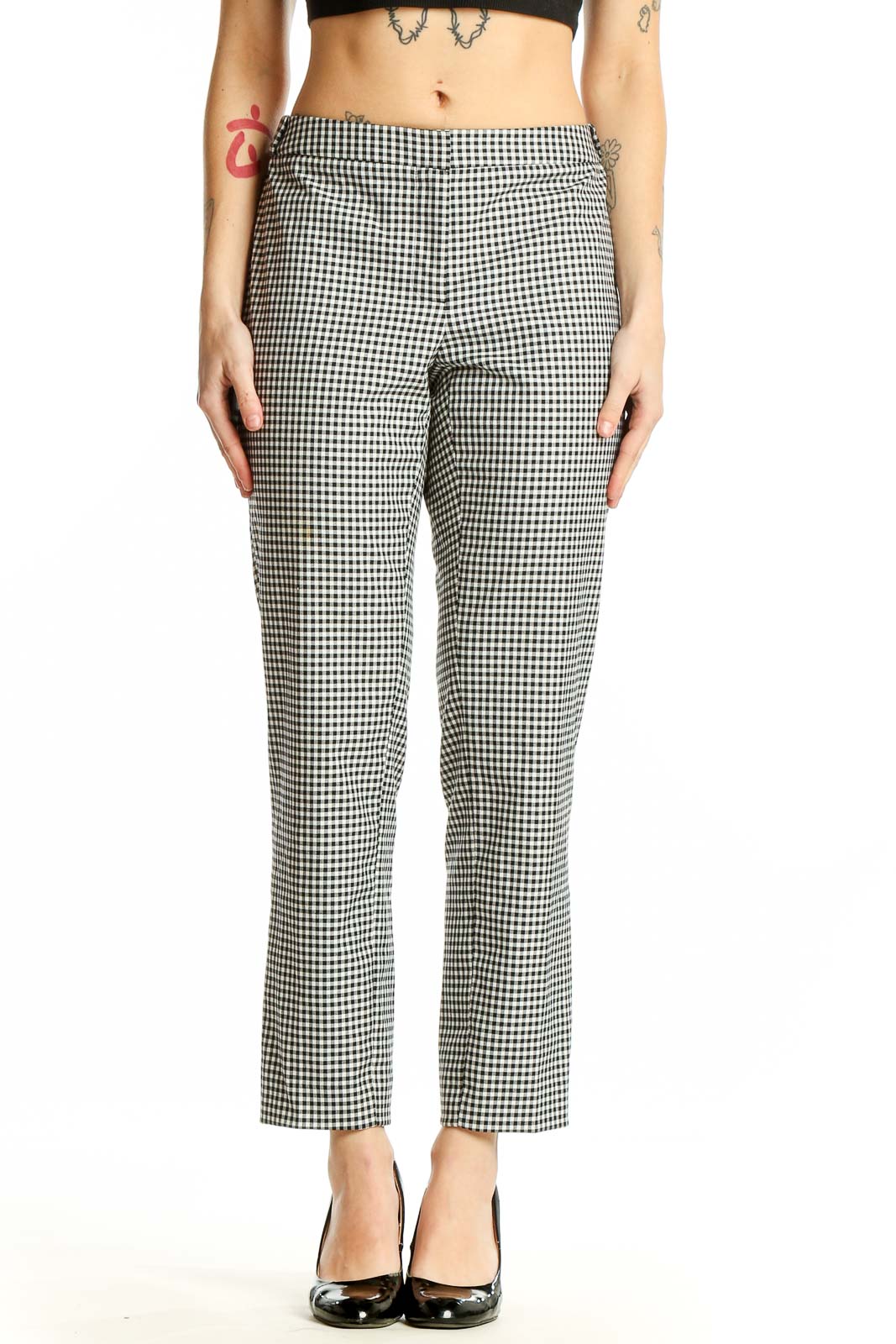 Front view of Calvin Klein black and white gingham check ankle pants