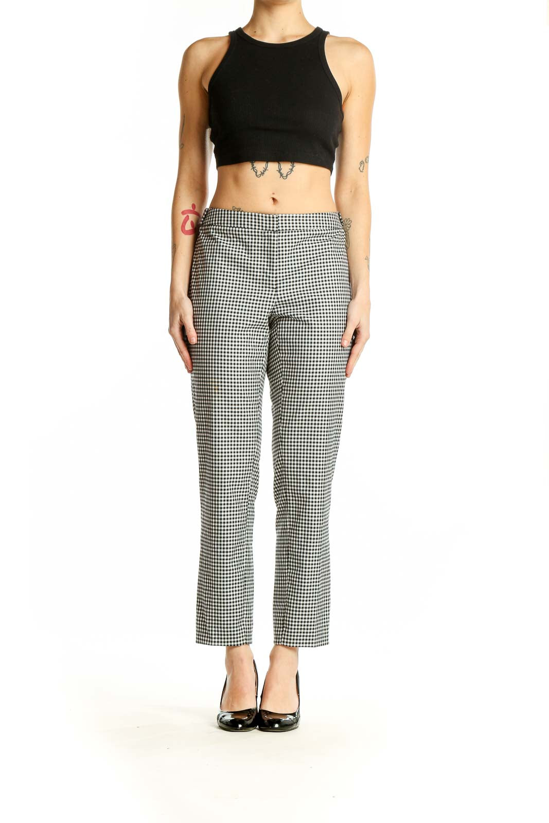 Front view of Calvin Klein black and white gingham check ankle pants