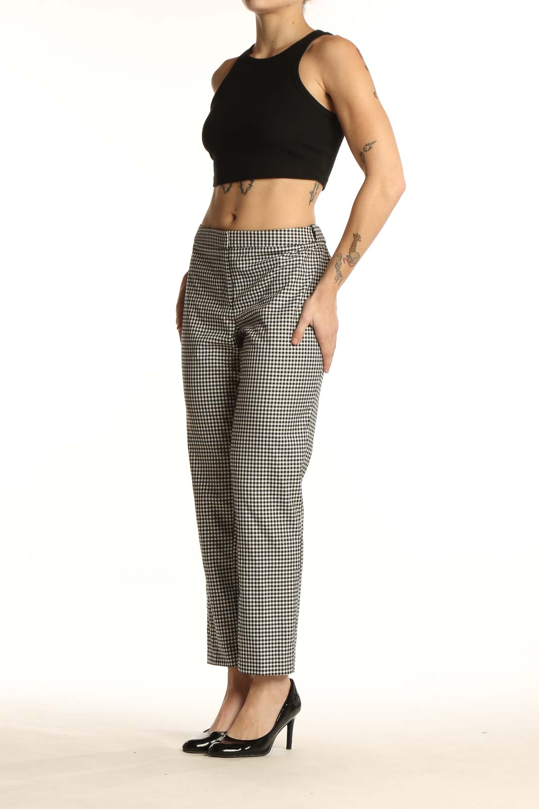 Front view of Calvin Klein black and white gingham check ankle pants