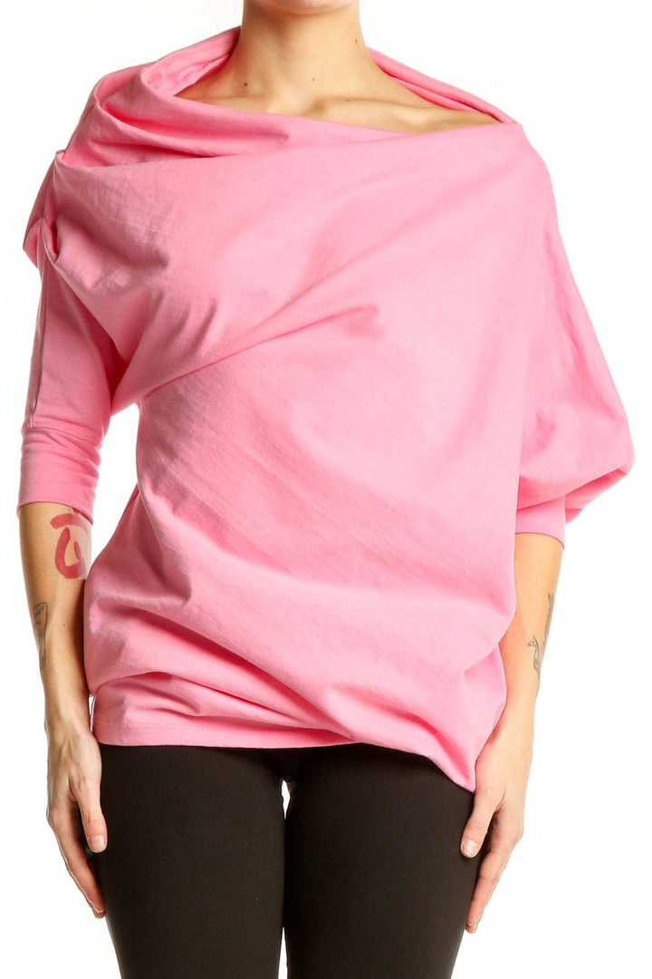 Front view of pink oversized FP Beach cotton top with cowl neck