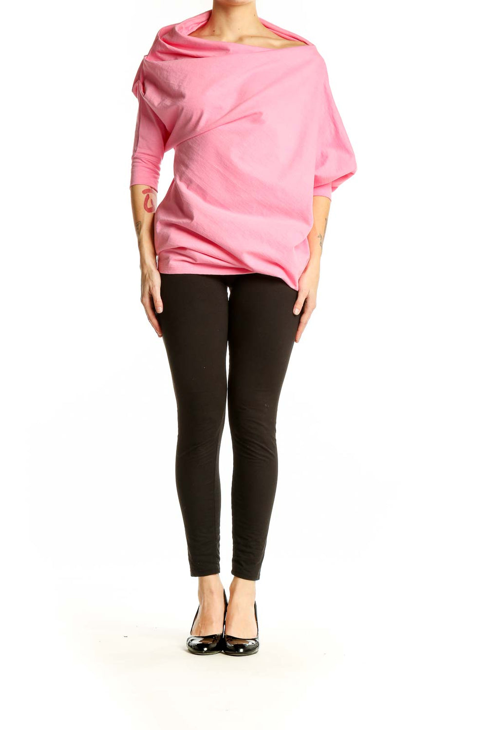 Front view of pink oversized FP Beach cotton top with cowl neck