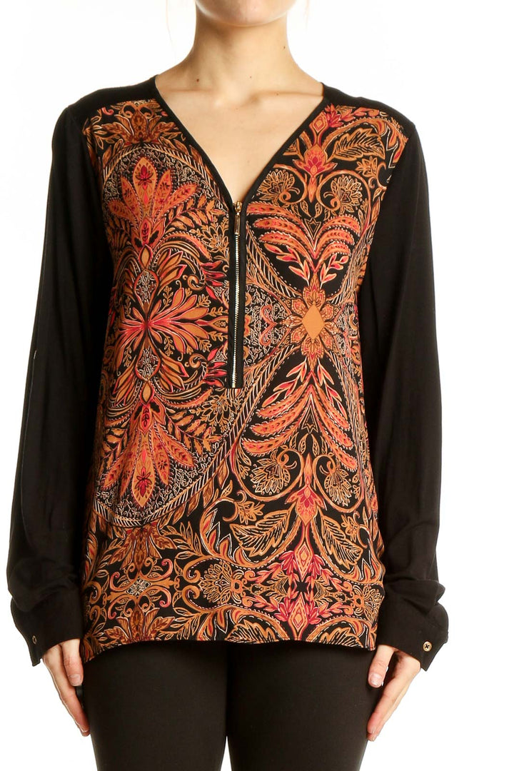 Front view of Adrianna Papell Black Floral Print Zip-Front Blouse with orange and red pattern