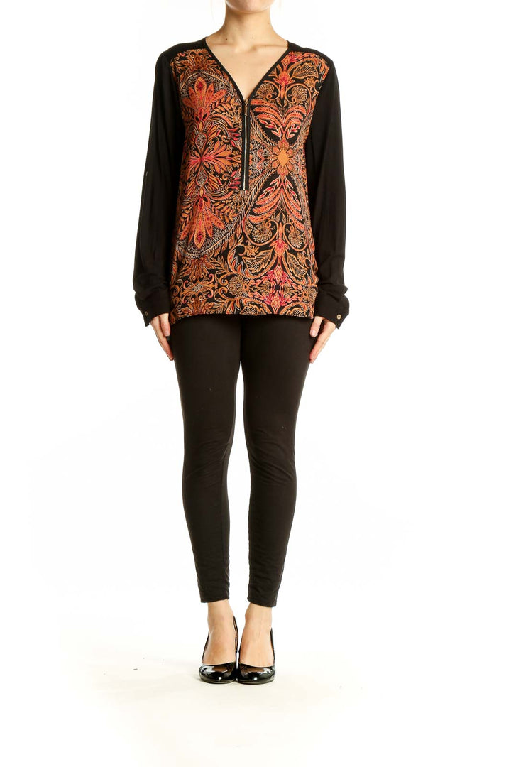 Front view of Adrianna Papell Black Floral Print Zip-Front Blouse with orange and red pattern