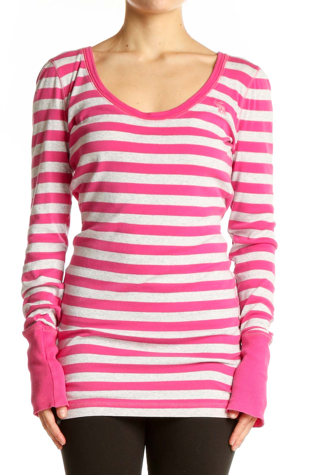 Front view of Abercrombie & Fitch pink and white striped long sleeve top with scoop neck