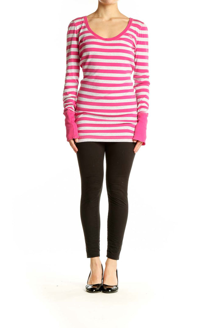 Front view of Abercrombie & Fitch pink and white striped long sleeve top with scoop neck