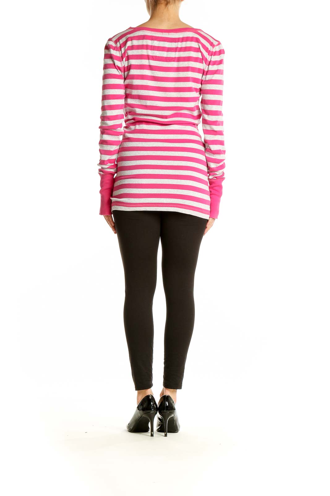 Back view of Abercrombie & Fitch pink and white striped long sleeve top