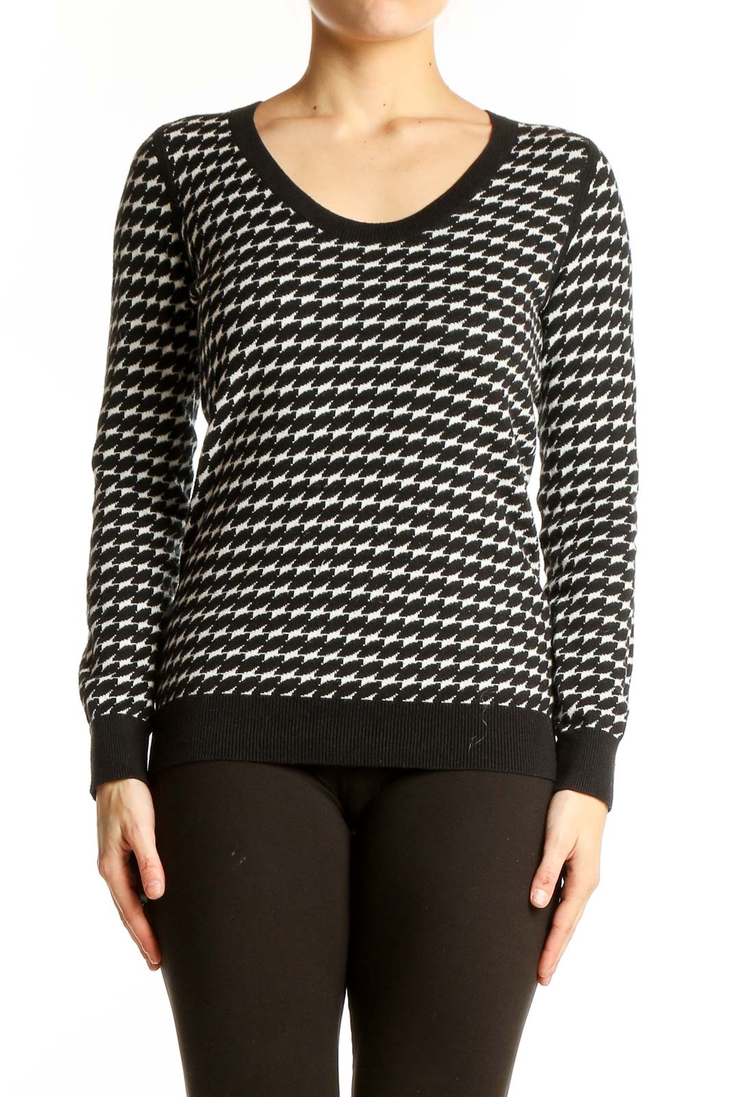 Front view of Banana Republic black and white houndstooth knit sweater