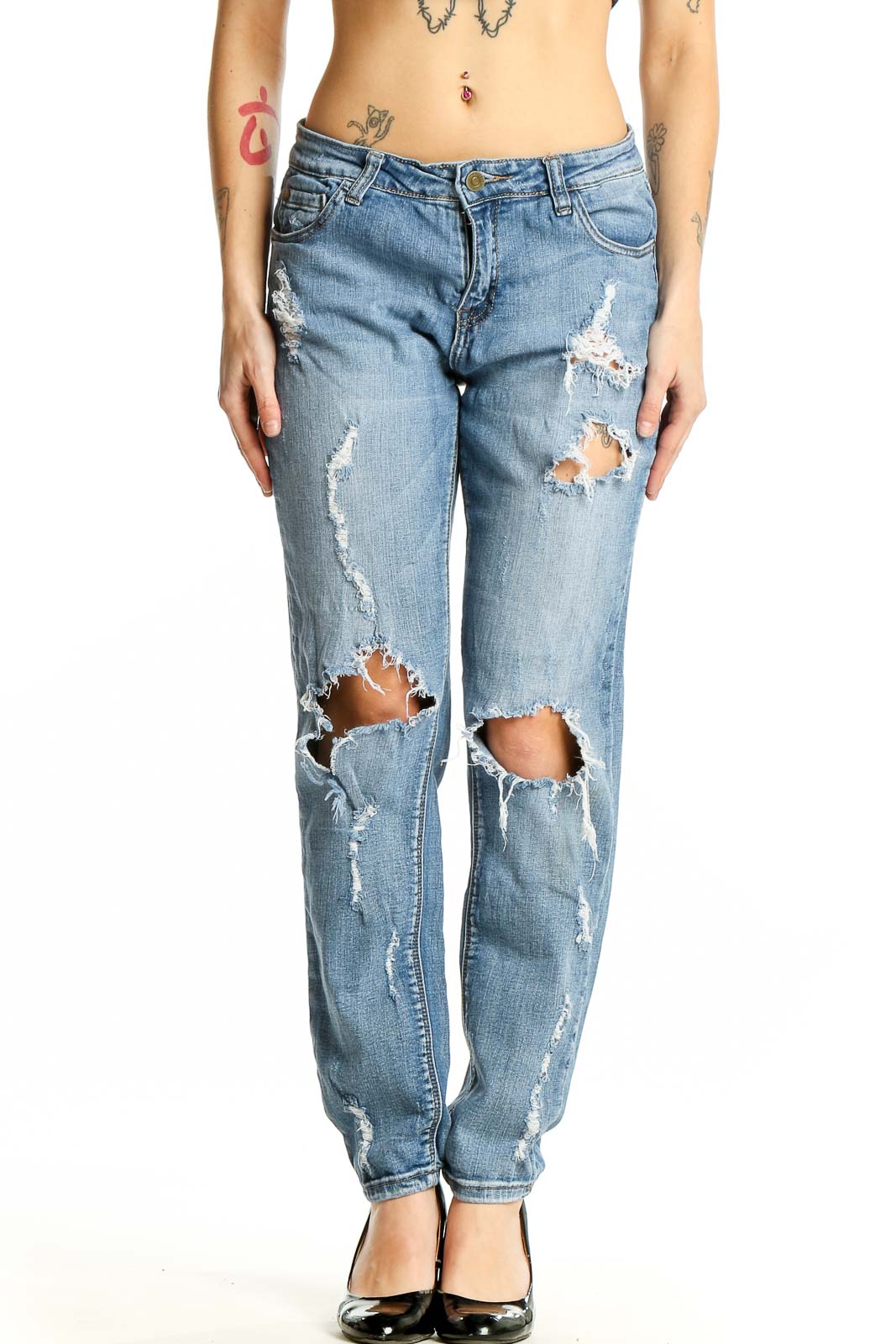 Front view of Pistola Light Blue Distressed Boyfriend Jeans with rips and tears