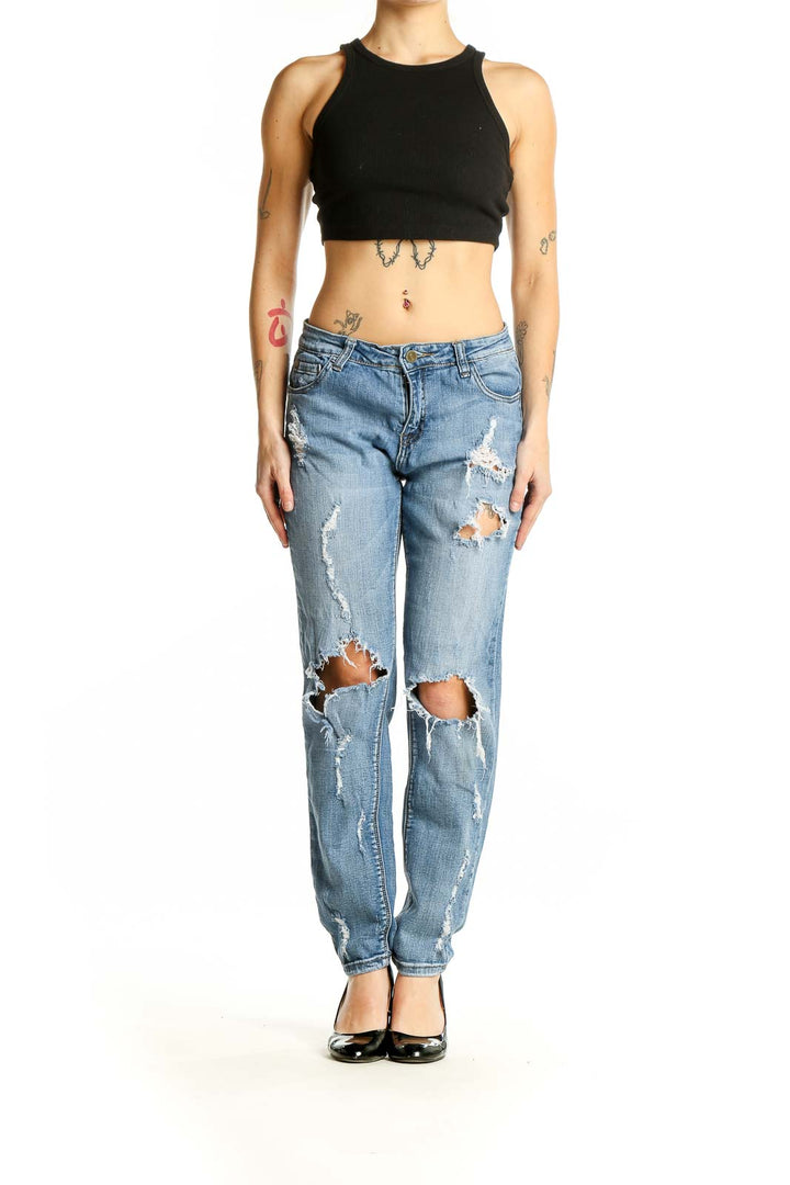 Front view of Pistola Light Blue Distressed Boyfriend Jeans with rips and tears