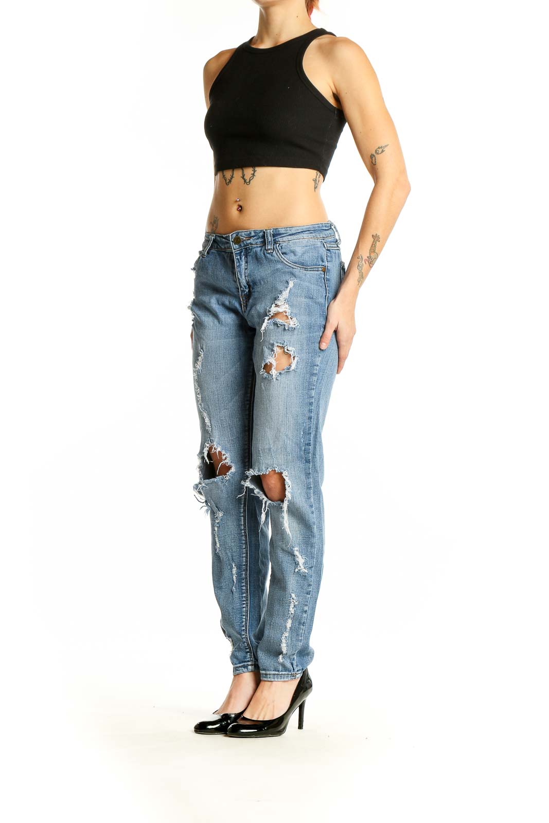 Front view of Pistola Light Blue Distressed Boyfriend Jeans with rips and tears