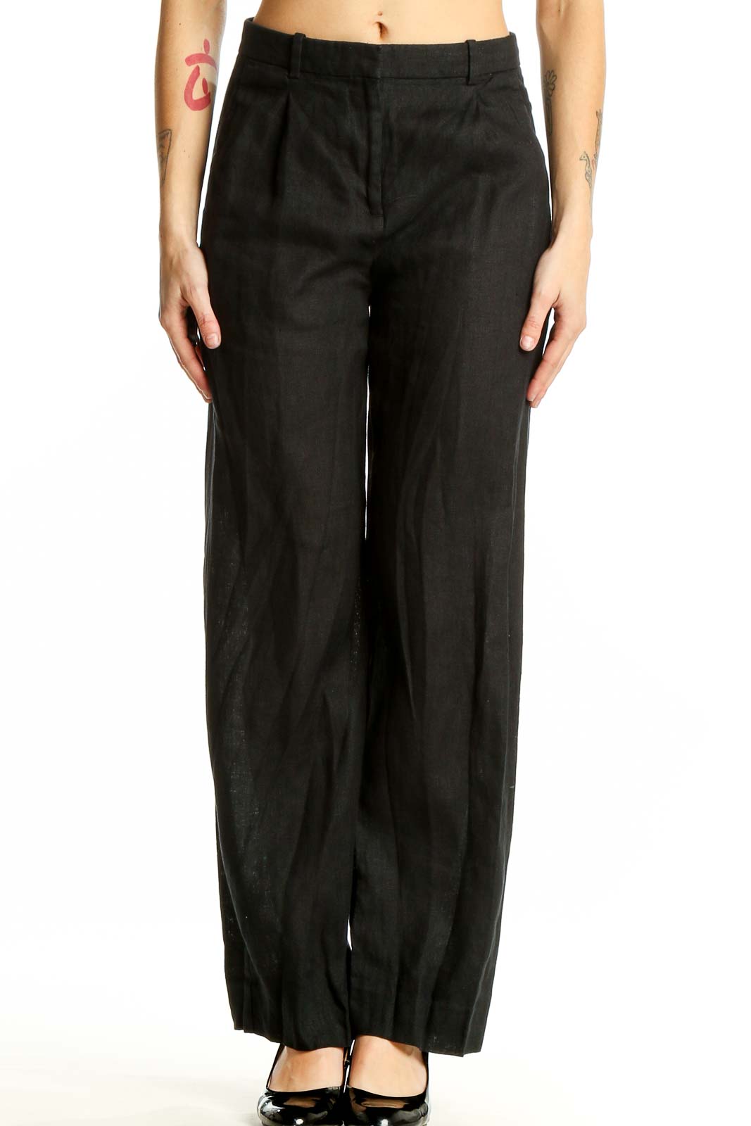 Front view of J.Crew black linen wide-leg trousers on model