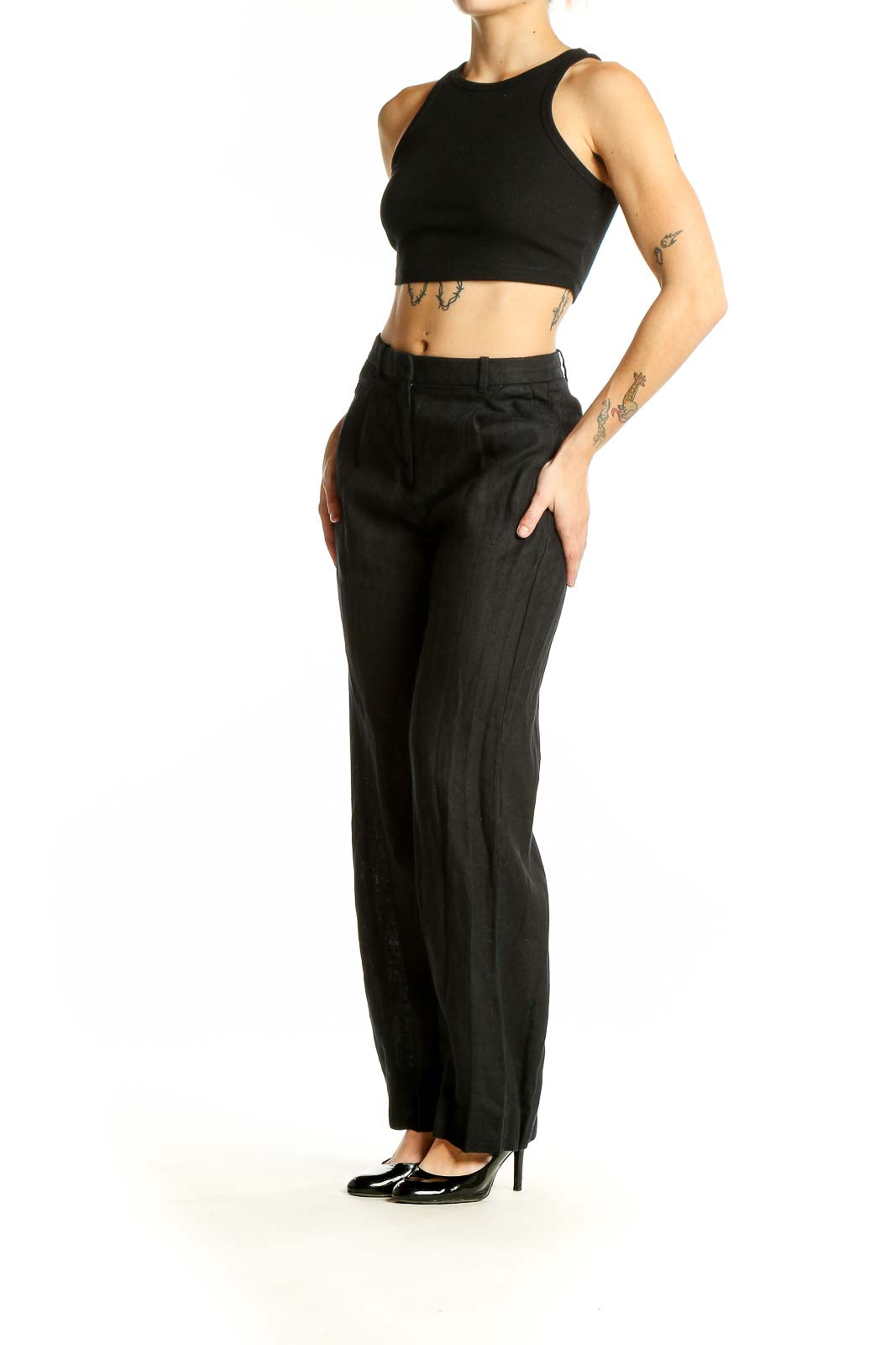 Front view of J.Crew black linen wide-leg trousers on model