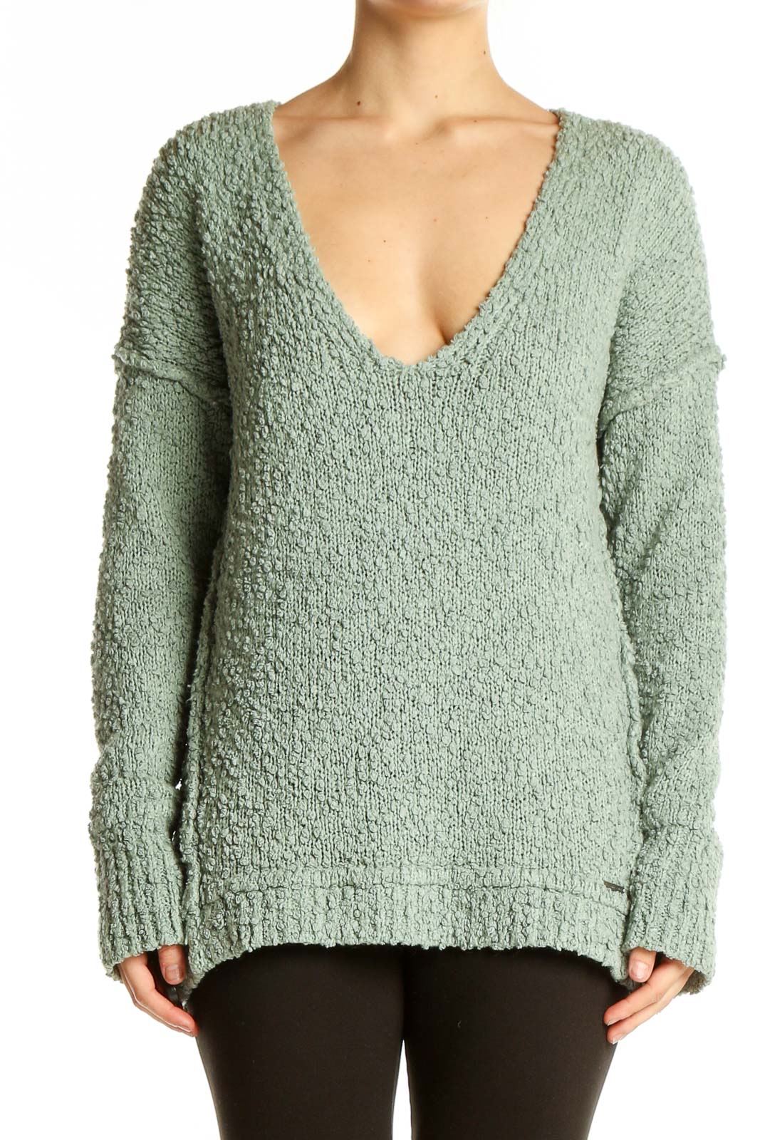 Front view of sage green textured V-neck sweater from Abercrombie & Fitch